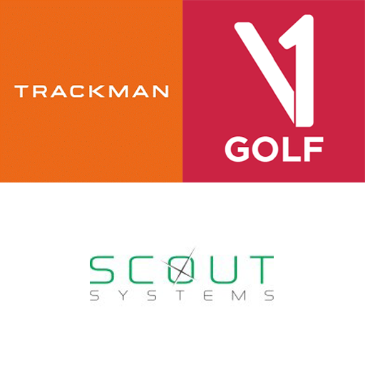 Logos von Trackman, V1 Golf und Scout Systems auf gestreiftem Hintergrund.