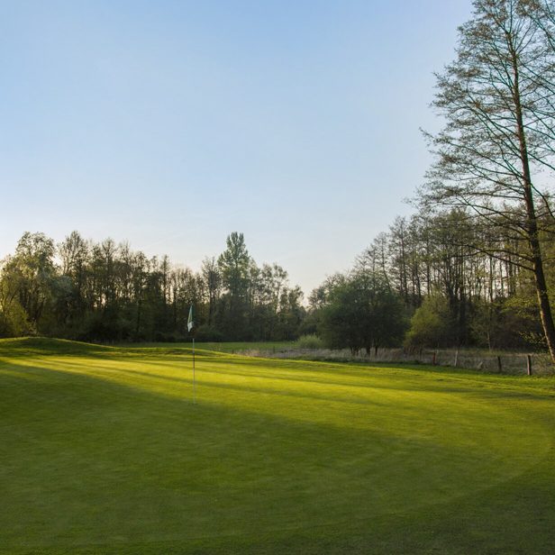 Grünes Golfplatzgelände mit Bäumen unter blauem Himmel.