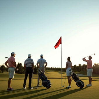 Fünf Golfer stehen auf dem Platz und beobachten die Fahne in der Ferne.