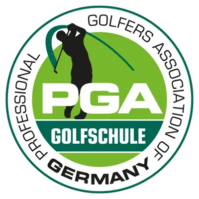 Logo der PGA Golfschule Deutschland, mit einem Golfer in Aktion.