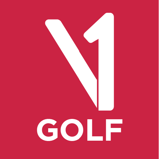 Logo von V1 Golf auf rotem Hintergrund.