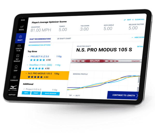 Tablet mit grafischen Datenanalysen und Leistungsstatistiken beim Fitting eines Golfclub.
