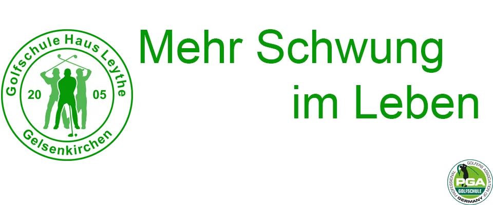 Logo der Golfschule Haus Leythe mit Golfspielern, "Mehr Schwung im Leben". Logo der PGA Golfschule Germany.